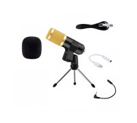 Микрофон BM-800 конденсаторный с ветрозащитой, кабелем и переходником Type-C для подключения к телефону на настольной треноге с держателем прищепкой, черно-золотой