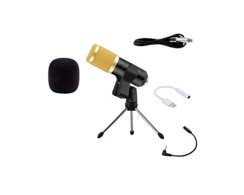 Микрофон BM-800 конденсаторный с ветрозащитой, кабелем и переходником Type-C для подключения к телефону на настольной треноге с держателем прищепкой, черно-золотой
