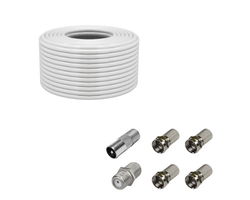 Коаксиальный кабель RG-6 100 метров (75 Ом) с комплектом переходников: соединитель кабеля (бочка), F-коннектор (гайка) – 4 шт., штекер TV 