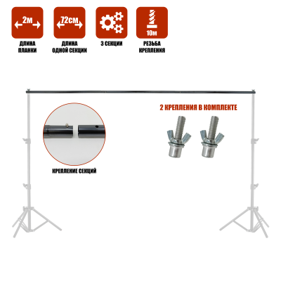 Горизонтальная планка с креплениями для каркаса фотофона, 2 метра