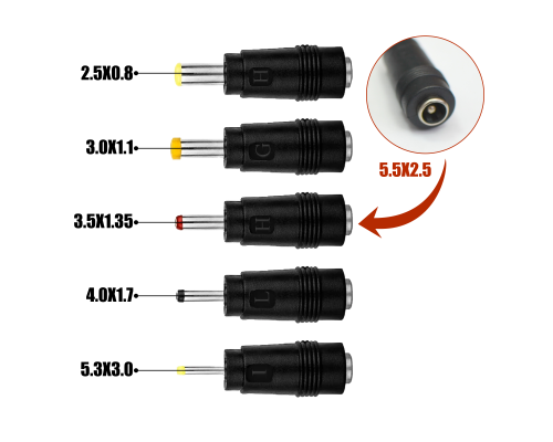 Адаптеры для устройств с разъемами 5.3х3.0, 4.0х1.7, 3.5х1.35, 3.0х1.1, 2.5х0.8 к блоку питания 12V 2A 5.5*2.5