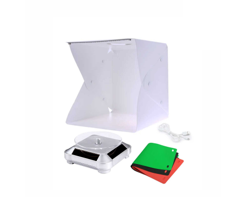 Комплект FS-FBVP: серебряная вращающаяся подставка с электроприводом и складной фотобокс со встроенной LED подсветкой