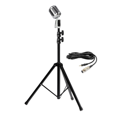 Микрофон винтажный серебристый, кабель 2.5 м XLR (female) – mini-jack 3.5 mm (male), на напольной стойке JBH