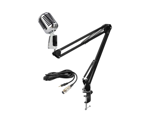 Микрофон винтажный серебристый, кабель 2.5 м XLR (female) – mini-jack 3.5 mm (male), на пантографе ST с усиленной струбциной