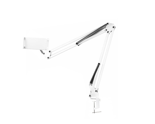 Настольная стойка белая, пантограф MNW25 с держателем телефона или планшета до 25 см на усиленной струбцине