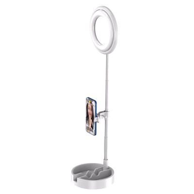 Кольцевая лампа-зеркало для макияжа JM-T1 настольная с аккумулятором, лотком, диаметр 16 см, белая