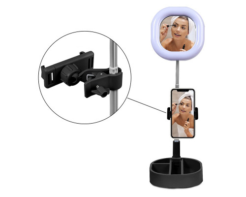 Кольцевая лампа-зеркало для макияжа Y3, настольная с лотком, диаметр 16 см, квадратная, черная