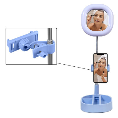Кольцевая лампа-зеркало для макияжа Y3, настольная с лотком, диаметр 16 см, квадратная, голубая