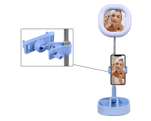 Кольцевая лампа-зеркало для макияжа Y3, настольная с лотком, диаметр 16 см, квадратная, голубая