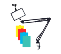 Портативная светодиодная LED панель с цветными фильтрами RAG-1T3ST на настольной стойке пантограф с универсальным держателем для телефона