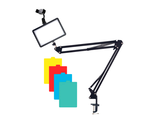 Портативная светодиодная LED панель с цветными фильтрами RAG-1T3ST на настольной стойке пантограф с универсальным держателем для телефона