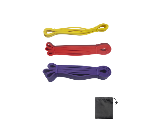 Набор фитнес жгутов: желтый + красный + фиолетовый + сумочка