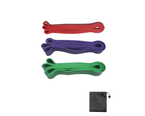Набор фитнес жгутов: фиолетовый + красный + зеленый + сумочка