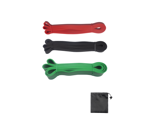 Набор фитнес жгутов: красный + зеленый + фиолетовый + сумочка