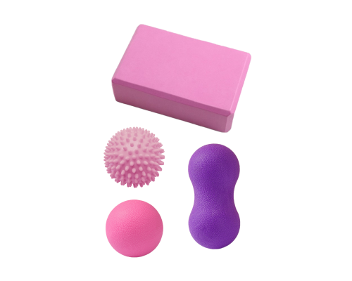 Набор для йоги: блок, массажный шарик круглый (розовый), двойной шарик (фиолетовый) и шар с шипами (розовый)