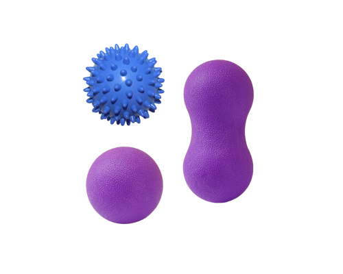 Двойной массажный шарик арахис (фиолетовый), массажный мяч (фиолетовый) и эспандер круглый с шипами (синий)