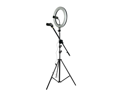 Напольная стойка штатив JBH-G11 с кольцевой led лампой 26 см, крючком для противовеса и держателем телефона для горизонтальной съемки