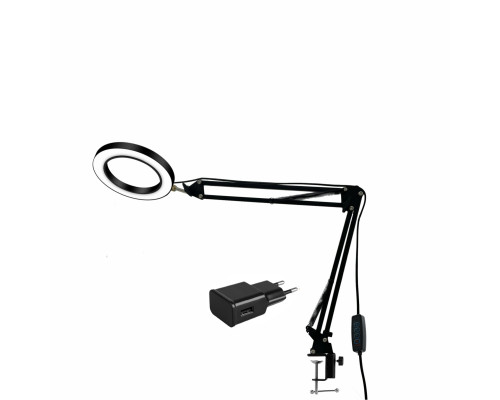 Настольная лампа LNB-A в виде светодиодного светильника диаметром 15 см на пантографе со струбциной и USB адаптером