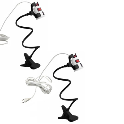 Светильник патрон для фитоламп с выключателем и кабелем на гибком черном держателе с пластиковым зажимом для стола, 2 шт