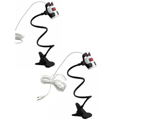 Светильник патрон для фитоламп с выключателем и кабелем на гибком черном держателе с пластиковым зажимом для стола, 2 шт