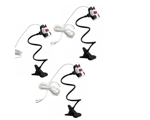 Светильник патрон для фитоламп с выключателем и кабелем на гибком черном держателе с пластиковым зажимом для стола, 3 шт