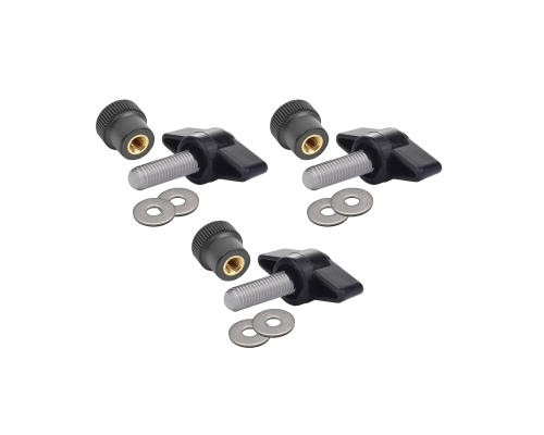 Крепежный комплект М5: 3 винта барашка M5x20, 3 гайки заглушки пластиковые D16 с металл резьбой и 6 шайб