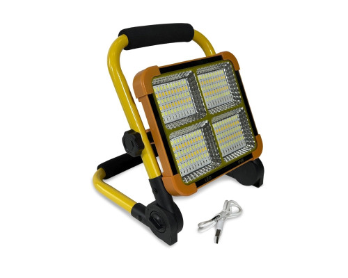 Прожектор аккумуляторный 50Вт, 3 температуры света + красно-синий, переносной с желтой ручкой