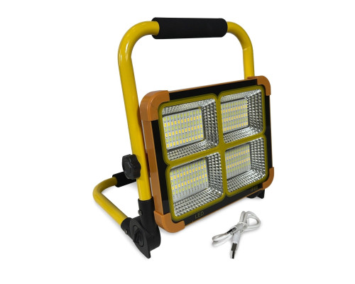 Прожектор аккумуляторный 100Вт, 3 температуры света + красно-синий, переносной с желтой ручкой