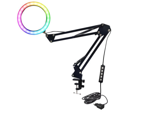 Лампа кольцевая RGB-NB2S26A, диаметр 26 см, с адаптером питания на пантографе и усиленной струбцине для горизонтального и вертикального крепления