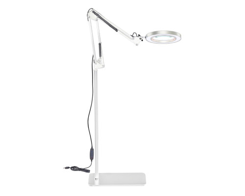 Напольная белая лампа лупа LN-22W на металл стойке NS-02W с плоским основанием и регулируемой высотой