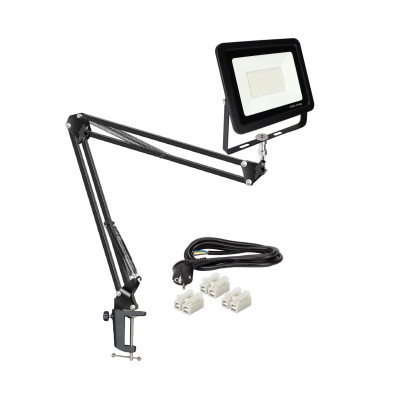 Светодиодный прожектор 50Вт с настольным креплением пантограф NB и усиленной струбциной с кабелем 1,5 м и клеммами