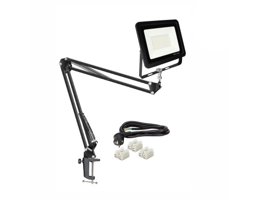 Светодиодный прожектор 50Вт с настольным креплением пантограф NB и усиленной струбциной с кабелем 1,5 м и клеммами