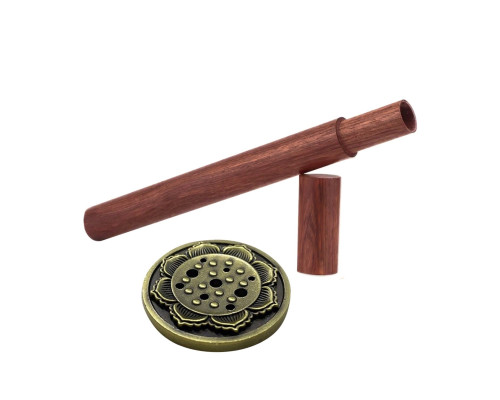 Комплект для благовоний: деревянный тубус 24 см для хранения и металлическая подставка "лотос", бронзовый цвет
