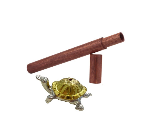 Комплект для благовоний: деревянный тубус 24 см для хранения и металлическая подставка "черепаха"
