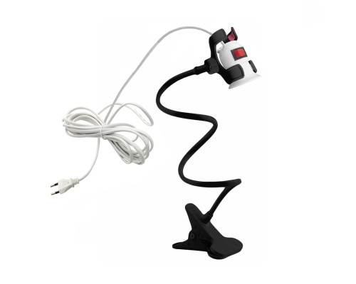 Светильник патрон для фитоламп с выключателем и кабелем на гибком черном держателе с пластиковым зажимом для стола