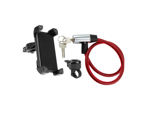 Велонабор VS-DTVZMRZV: держатель для телефона, красный замок с металл головкой и звонок для велосипеда