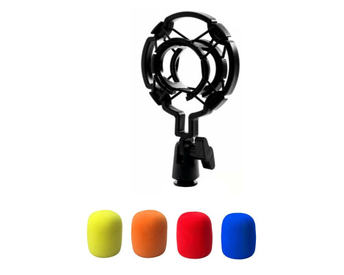 Держатель микрофона паук P1 пластиковый, резьба 3/8, и ветрозащита, цвет синий, желтый, оранжевый и красный
