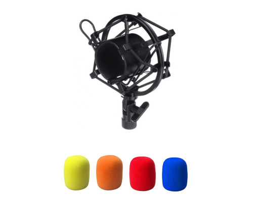 Держатель микрофона паук P2 пластиковый, резьба 3/8, и ветрозащита, цвет синий, желтый, оранжевый и красный