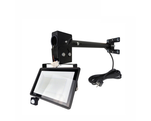 Прожектор 200 Вт с датчиком движения, кабелем 5м и клеммами на кронштейне DN02-PRJ для подсветки фасада, баннера, гаража