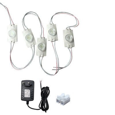 Светодиодный модуль, 12V 7000К 2Вт IP65, 5 шт с блоком питания 12V и клеммой