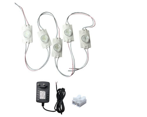 Светодиодный модуль, 12V 7000К 2Вт IP65, 5 шт с блоком питания 12V и клеммой