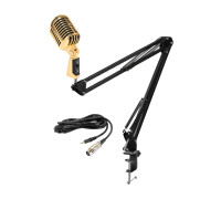 Микрофон винтажный золотой, кабель 2.5 м XLR (female) – mini-jack 3.5 mm (male), на пантографе ST с усиленной струбциной