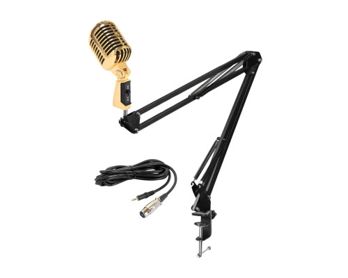 Микрофон винтажный золотой, кабель 2.5 м XLR (female) – mini-jack 3.5 mm (male), на пантографе ST с усиленной струбциной