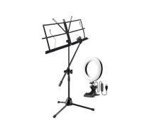 Складной пюпитр PML-01-DВ-L16 с подсветкой на стойке с держателем для микрофона "бочонок" на наклонном журавле