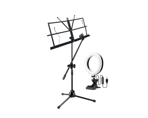 Складной пюпитр PML-01-DВ-L16 с подсветкой на стойке с держателем для микрофона "бочонок" на наклонном журавле