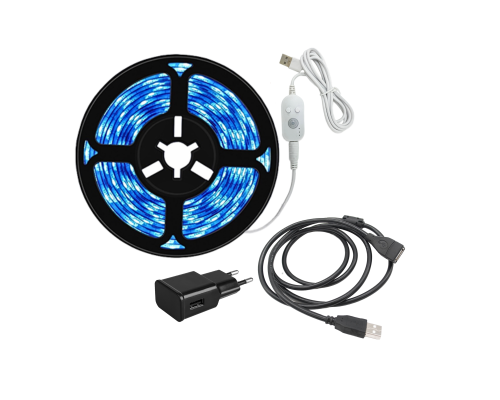 Светодиодная лента BGY-2 самоклеящаяся с датчиком движения, холодный свет, 5 м, и удлинитель на 1,5 метра с адаптером питания