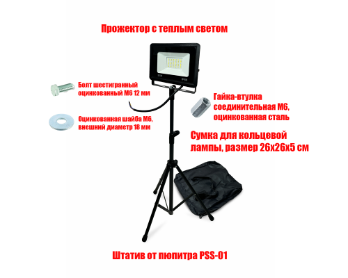 Светодиодный прожектор 30 Вт, теплый свет, с сумкой, на штативе PSS-PRJ