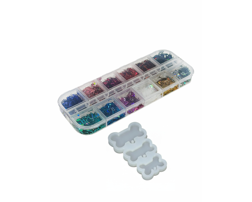 Молд для эпоксидной смолы, форма косточки 3 в 1, с набором букв из фольги, 12 цветов