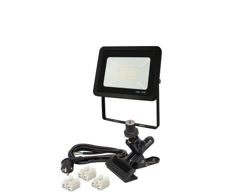 Светодиодный строительный прожектор 30 Вт на металлической прищепке PR1 для горизонтального и вертикального крепления с кабелем 1,5 м и клеммами