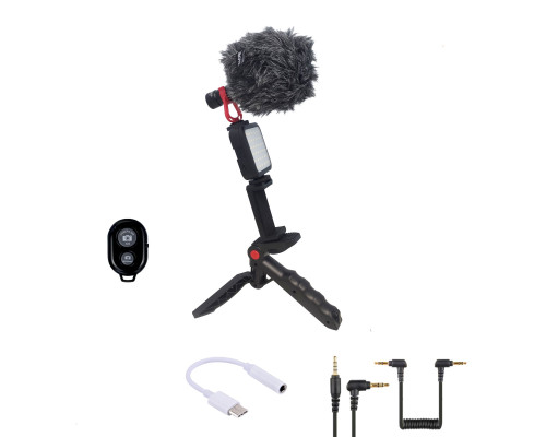 Микрофон пушка BY-MM1 с ветрозащитой и переходником Jack 3.5 мм - USB Type-C на триподе с осветителем, держателем телефона и кнопкой Bluetooth